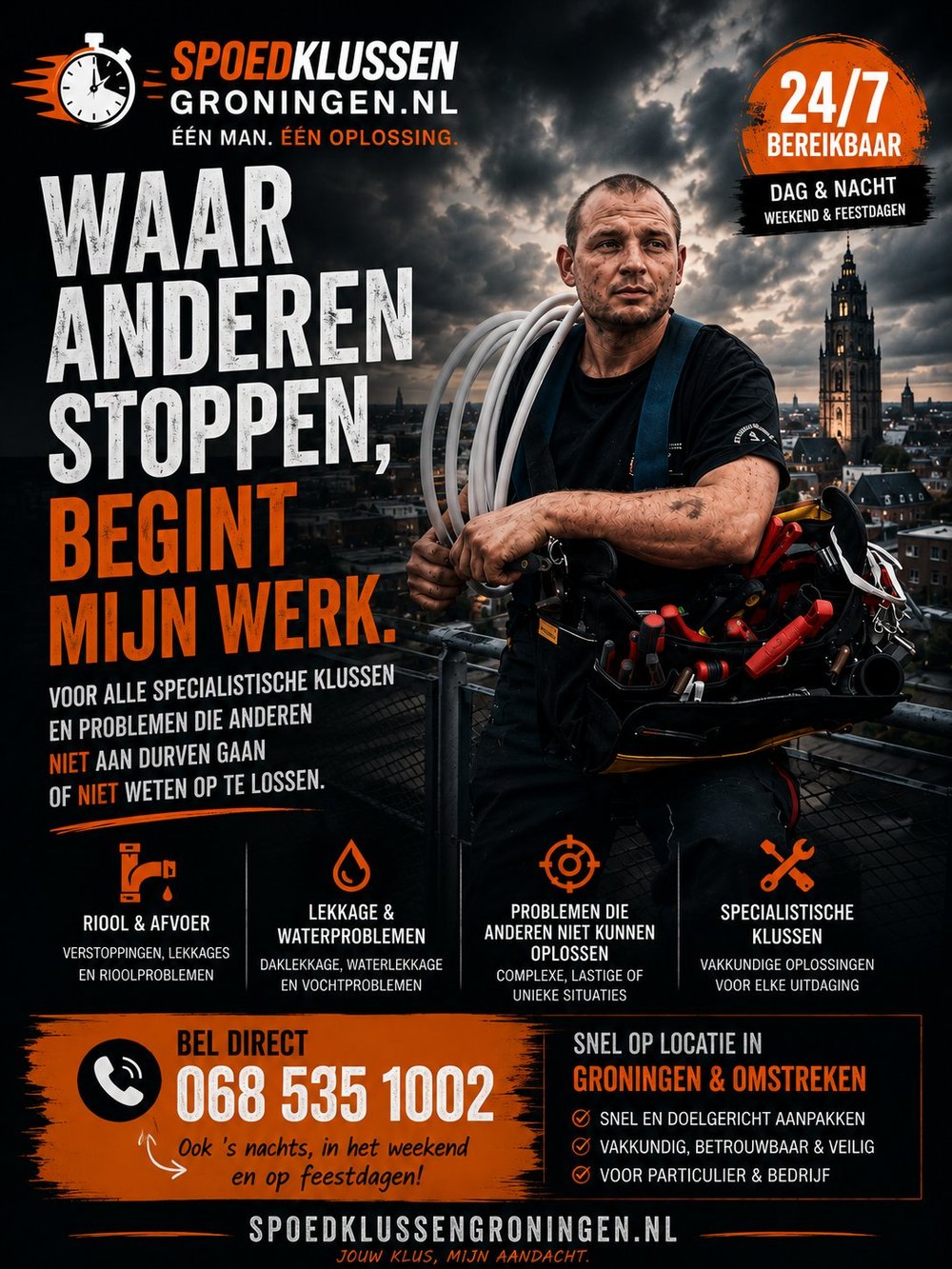 Jos — SpoedklussenGroningen.nl — Waar anderen stoppen, begint mijn werk. 24/7 loodgieter Groningen.